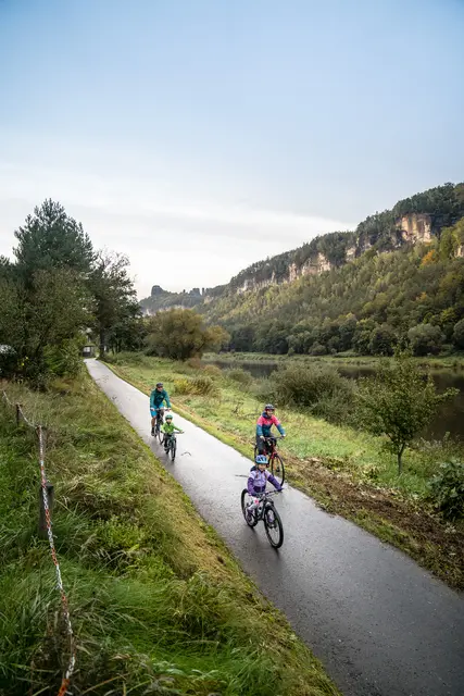 Eine Familie fährt im Hochformat auf einem Radweg unter bewaldeten Elbhängen.