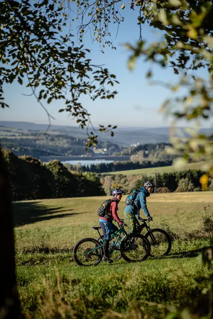 Zwei Mountainbiker fahren vor bewaldeten Höhen durch das Erzgebirge.