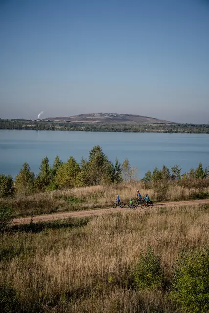 Der Blick reicht über Wiesen und junge Gehölze zu einem großen See.