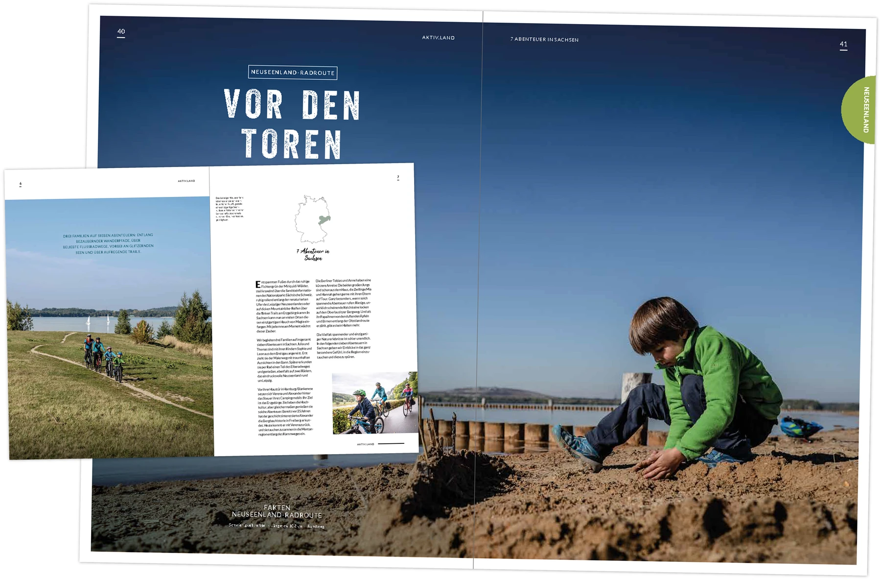 Beispiel einer inszenierten Doppelseite zur Neuseenland-Radroute als Illustration eines hochwertigen radtouristischen Angebots.